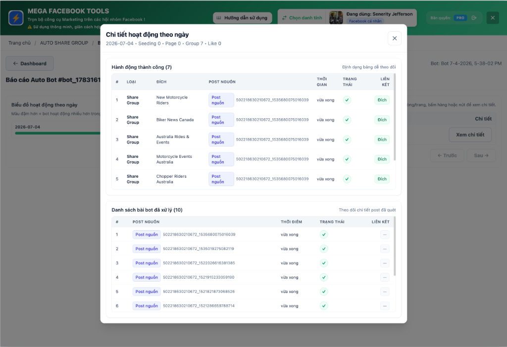 Lịch sử hoạt động Auto Share