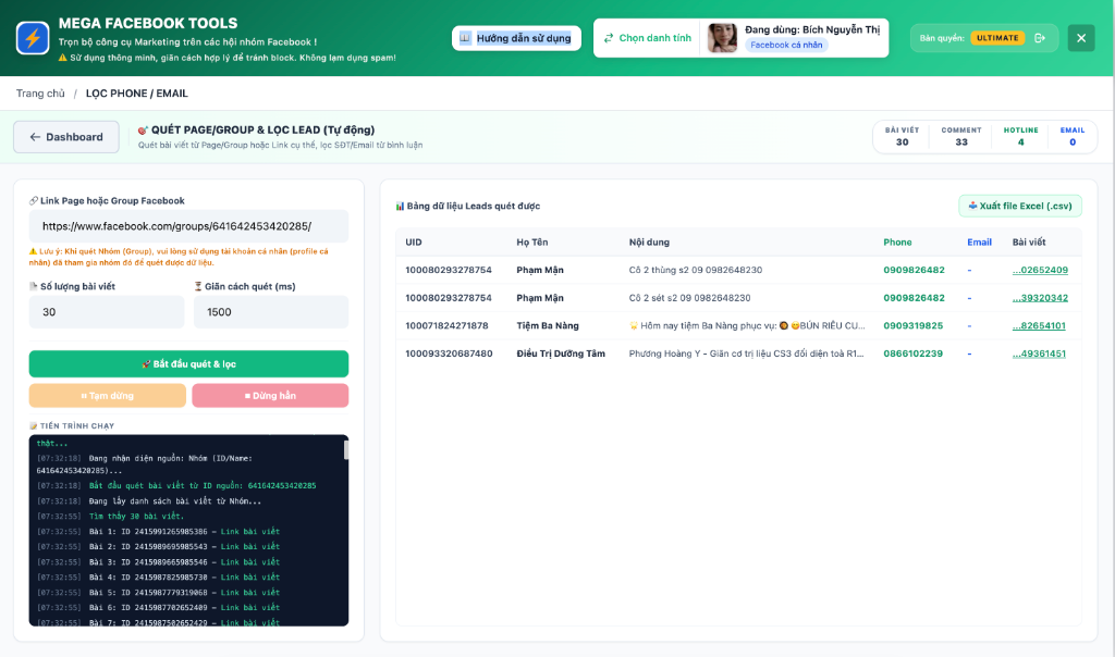 Giao diện Lọc Phone / Email từ bài viết, page, group